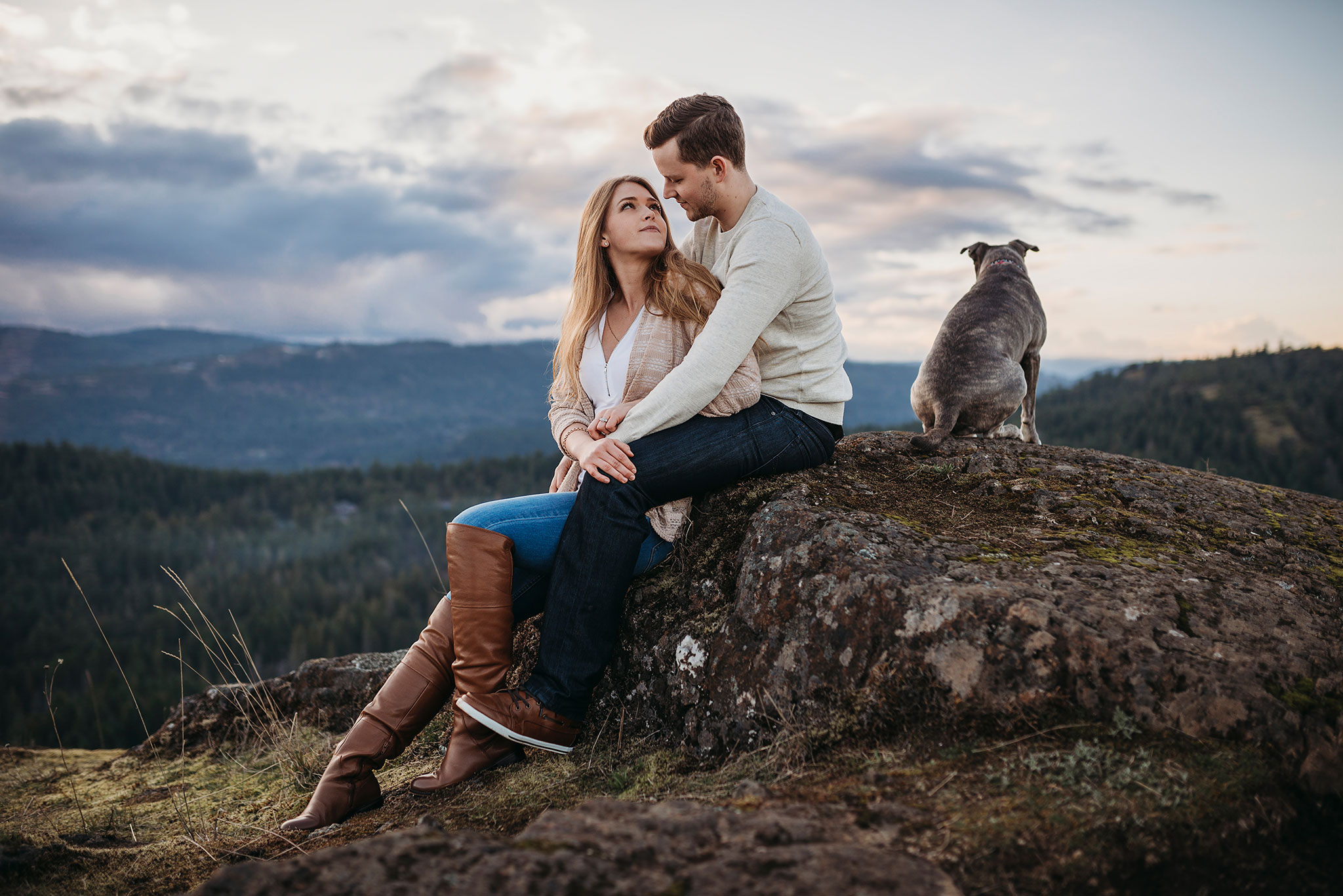 Couples engagement photography with dog on Lone Tree Hill near Langford and Victoria.