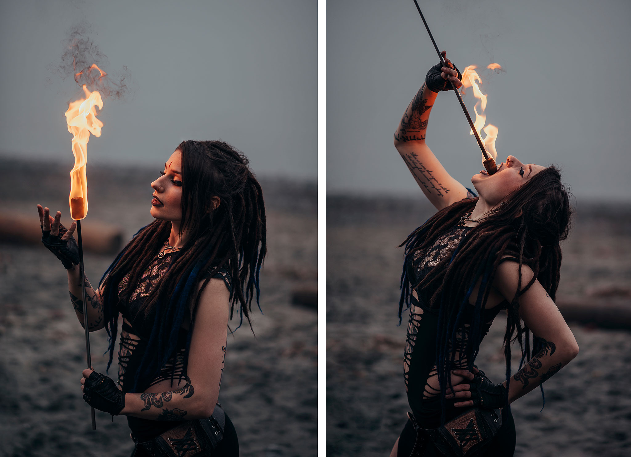 Alternative, tribal, gothic fire dancer on a foggy west coast beach in Comox.