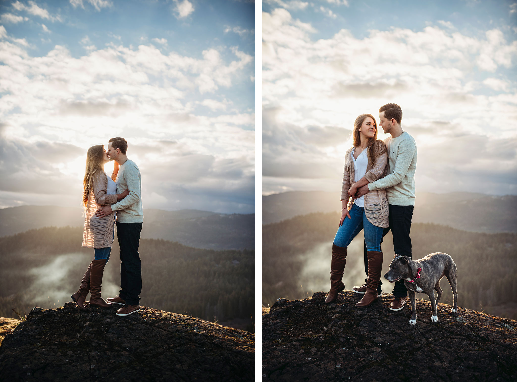 Couples engagement photography with dog on Lone Tree Hill near Langford and Victoria.