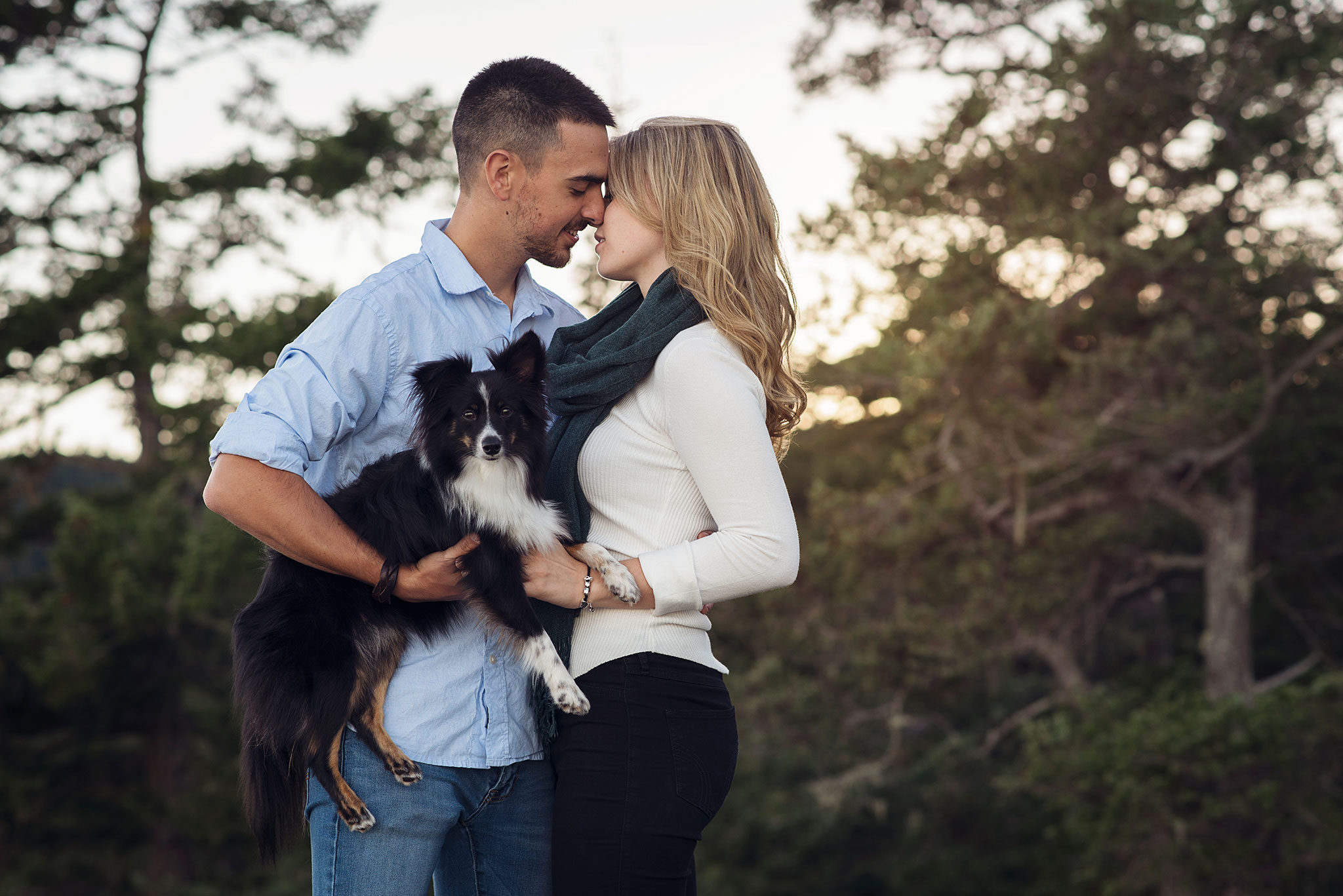 Sunset west coast engagement session with dog at East Sooke Park near Victoria, BC.