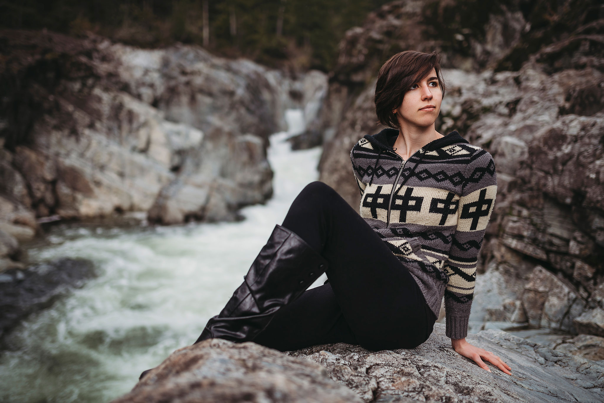 Rugged west coast portrait photography with river and waterfall on Vancouver Island.