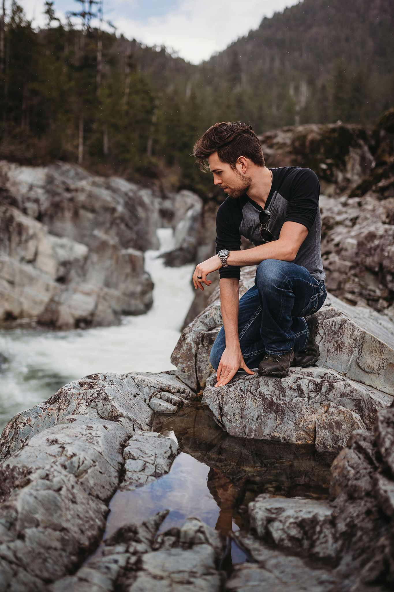 Rugged west coast portrait photography with river and waterfall on Vancouver Island.
