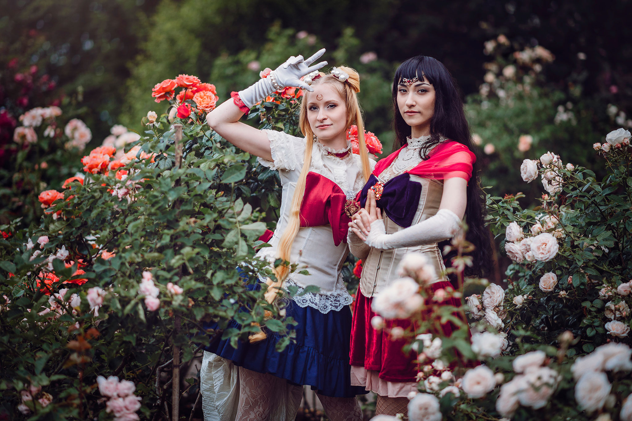 Sailor Moon and Sailor Mars cosplay photoshoot in Victoria, BC gardens.